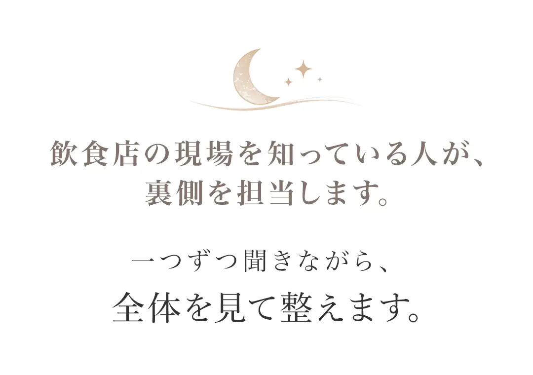 飲食店の現場を知っている人が裏側を担当し、全体を見て整えることを伝えるメッセージ